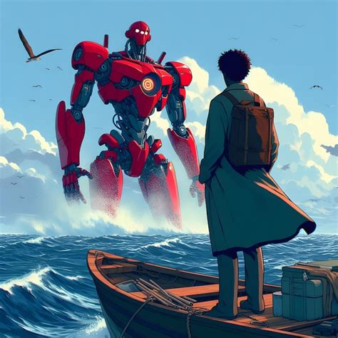 Premium Photo | Boy on boat in the middle of the ocean watches mega robot anime style