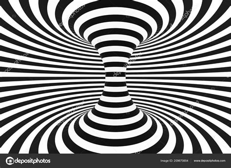 Black and white spiral tunnel. Striped twisted hypnotic optical illusion. Abstract background ...