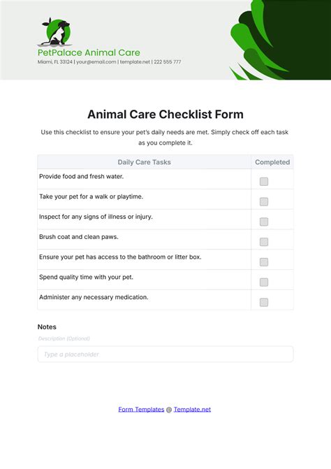 Free Animal Care Checklist Form Template - Edit Online & Download | Template.net