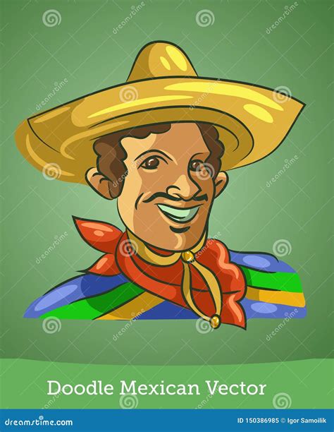 Doodle Mexican Isolated on Green Background. Vector Stock Vector - Illustration of worker ...