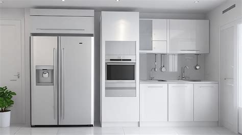 Premium AI Image | 3d rendering white modern design kitchen with fridge