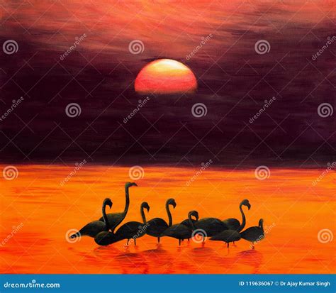 Greater Flamingos at Sunrise, Acrylic Painting Stock Illustration - Illustration of colorful ...