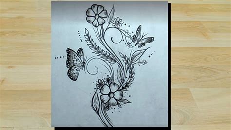 Pencil Flower And Butterfly Drawing