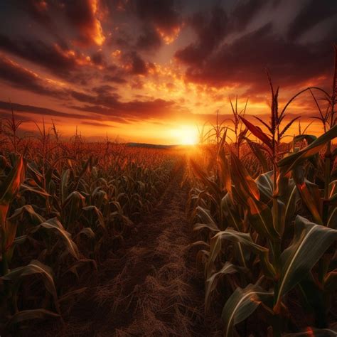 Premium AI Image | Sunset over corn field 3D render of a corn field at sunset