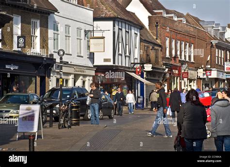 Shops and people in Market Place/ High street, St Albans, Hertfordshire, England, UK Stock Photo ...