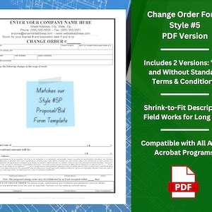 Change Order Form Template W/ Editable Terms and Conditions W/ Provision to Charge Interest ...