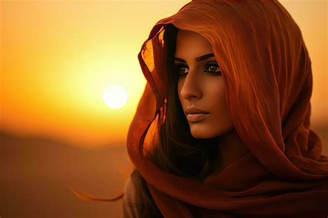 AI generated Portrait of a young Muslim woman in a hijab in the desert against the sunset ...