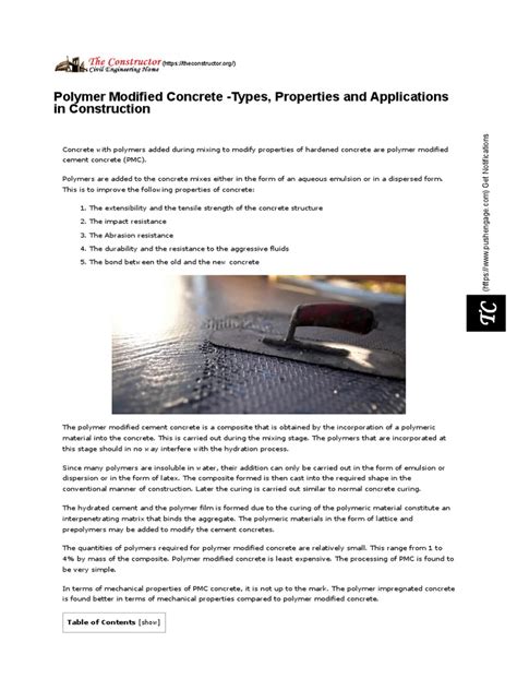 Polymer Modified Concrete - Types, Properties and Applications | PDF | Polymers | Concrete