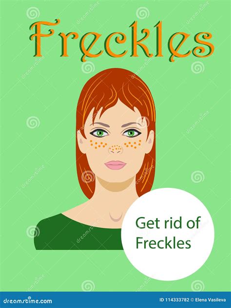 Freckled Redhaired Young Woman Isolated on a Green Background Word Freckles, Vector Illustration ...