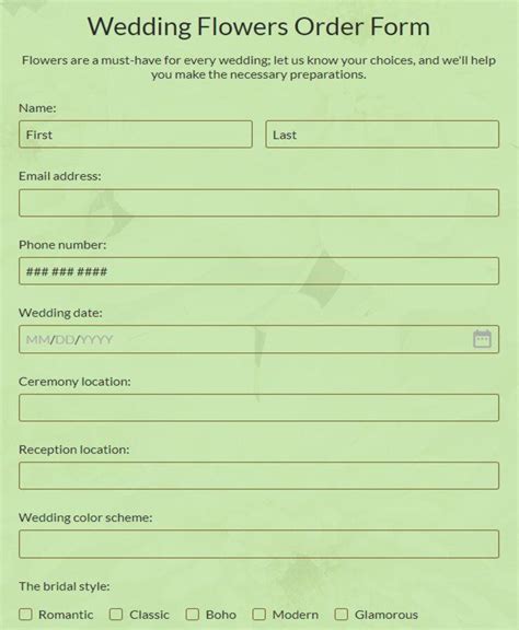 Wedding Flower Order Form Template | Best Flower Site