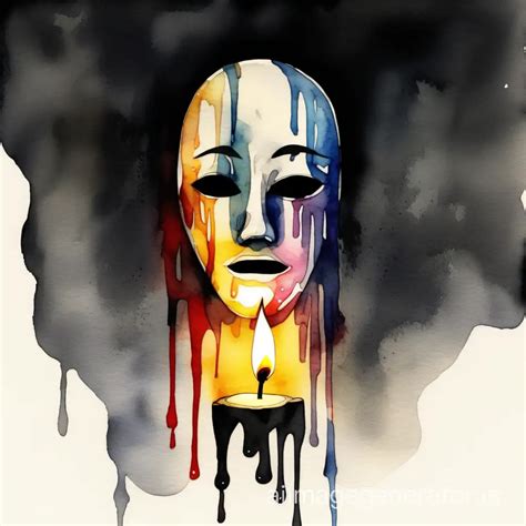 Melting Candle Mask Depicting Sadness Abstract Sumie Japanese Watercolor Art on Black Background ...