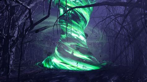 A Magical Tornado in a Dark Mystical Misty Forest. a Fairy-tale Scary Forest with Tall Trees in ...