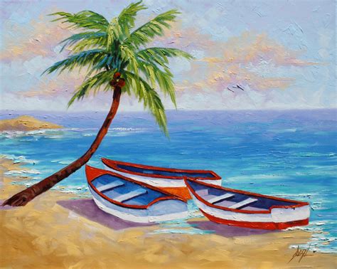 Boat Oil Painting Tropical Beach Painting signed Canvas Beach | Etsy