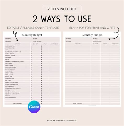 Editable Fillable Canva Template Monthly Budget Tracker Log Printable PDF, Expense Log Income ...