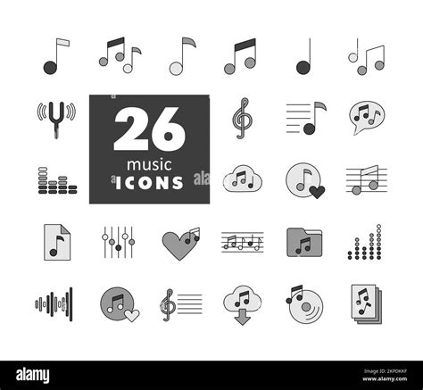 Music notes flat color vector grayscale icons set. Graph symbol for music and sound web site and ...