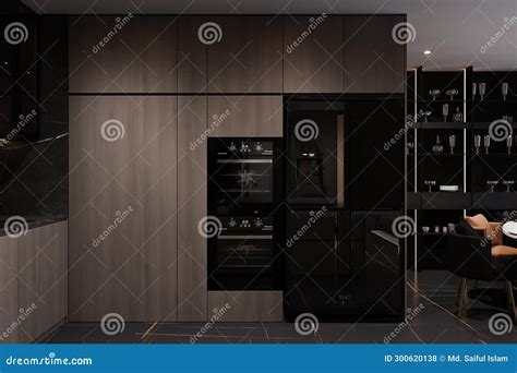 Modern-style Interior in a Contemporary Kitchen, Fridge, Oven, and Wooden Cabinet Stock Photo ...