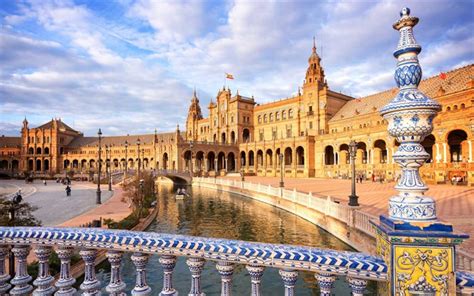 Download wallpapers Plaza de Espana, Sevilla, flag of Spain, palace, bridge, landmark, evening ...