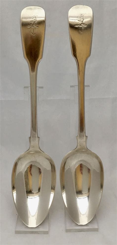 Pair Antique Early Victorian Sterling Silver Fiddle pattern serving spoons, 1838 ...