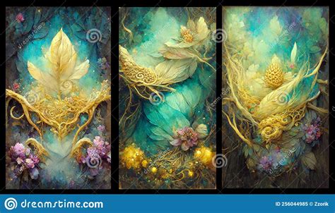 Ai Generated Abstract Art with Golden Flowers, Inticate Waves in Gold Colors. Beautiful ...