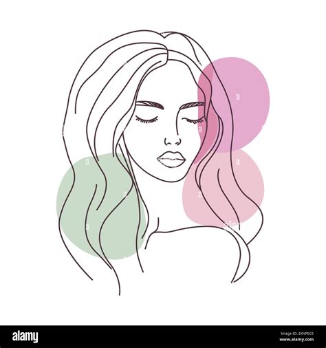 Aesthetic Beautiful Girl Face Hand Drawn Sketch in Line Art Style with Purple Green Fill Color ...