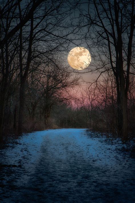 Full Wolf Moon rising over snow covered trail in Sugarcreek MetroPark near Dayton Ohio on ...