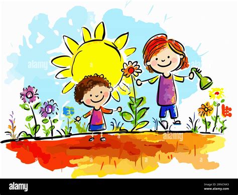 Children Playing In A Flower Garden With The Sun, In The Style Of Childs Drawing, Colorful ...