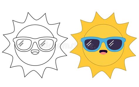 Cute Kawaii Funny Sun Wearing Sunglasses with Happy Face Cartoon Character Coloring Page Vector ...