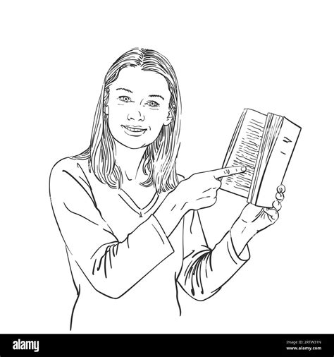 Girl is pointing with finger on book in her hand, vector sketch, hand drawn linear illustration ...