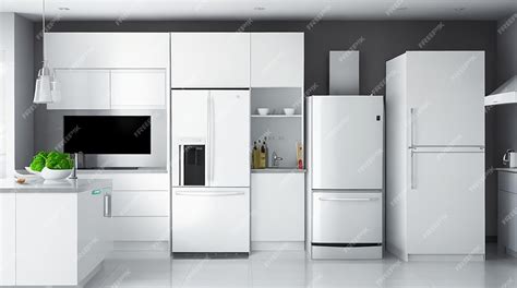 Premium AI Image | 3d rendering white modern design kitchen with fridge