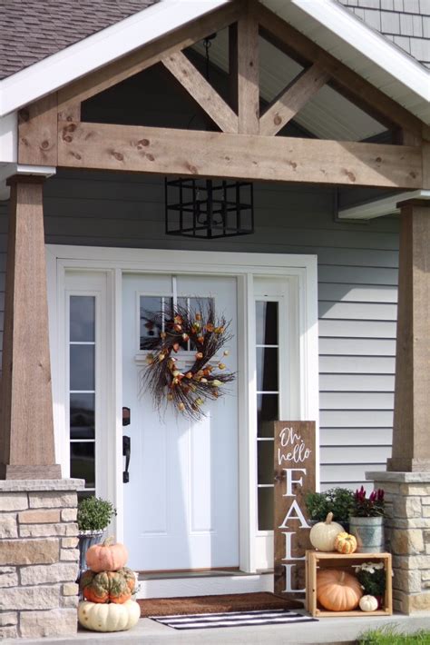 Fall Front Porch Decor - Craftsman Gable Porch - Mums, Pumpkins, Buffalo Check Door Mat, Fall ...