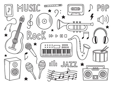 Hand drawn Music doodle. musical instruments, notes, headphones in sketch style. Vector ...