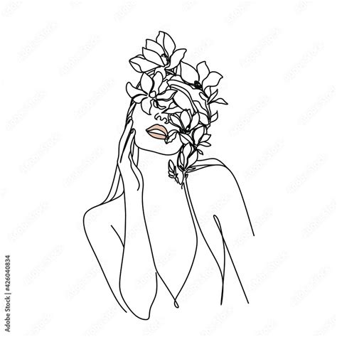 Woman head with flowers composition. Hand-drawn vector line-art illustration. One Line style ...