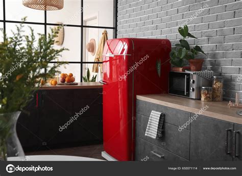 Interior Modern Kitchen Stylish Refrigerator Stock Photo by ©serezniy 655571114