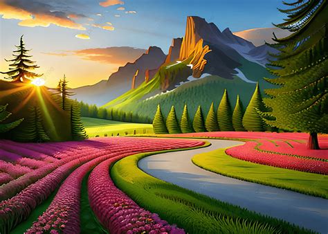 Beautiful Sunset In Mountains Flowers Forest Path Landscape Ai Background, Wallpaper, Beautiful ...