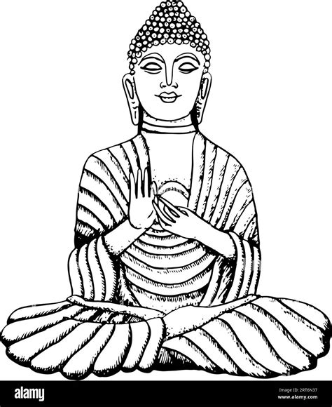 Vector Buddha stone statue hand drawn line art illustration. Meditation element for yoga and ...