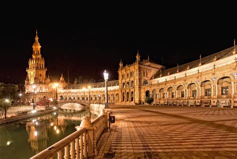 Spanish Square (Plaza De Espana) in Sevilla at Night, Spain. Stock Photo - Image of espana ...