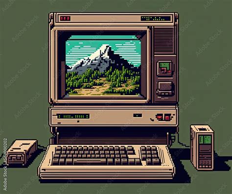 Pixel art old computer with landscape wallpaper, background in retro style for 8 bit game ...