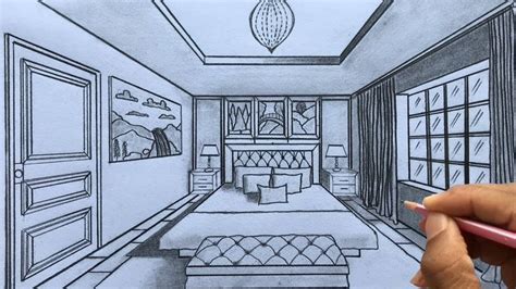 How to Draw a Bedroom using 1-Point Perspective Step-by-step | 1 point perspective, Perspective ...