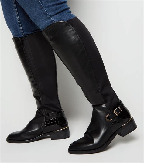 NEW LOOK Ladies Womens Black Flat Knee High Boots Calf Wide Fit Size 4 5 6 7 8 | eBay