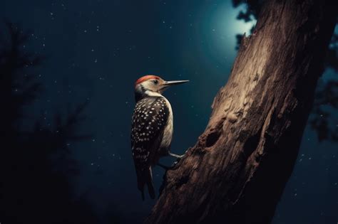 Premium AI Image | woodpecker drumming on a tree trunk in the calm of a moonlit night