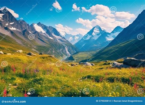 Beauty of the Alps with Breathtaking Illustration Capturing a Magnificent Meadow with Flowers ...