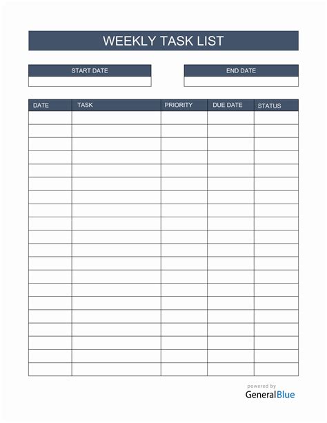 Weekly Task List Template in PDF