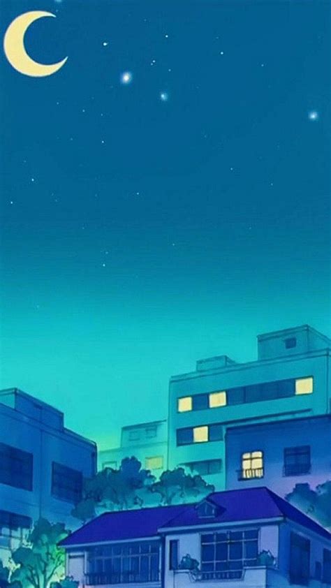 Download Animation Retro Anime Crescent Moon Above Houses Wallpaper | Wallpapers.com