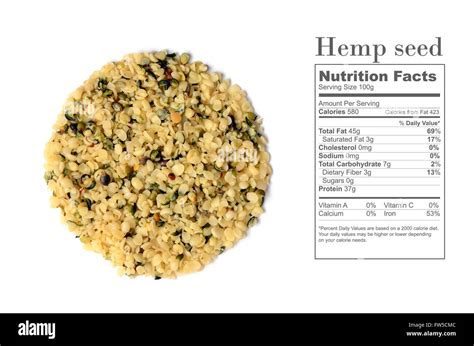 raw organic shelled hemp seeds with nutrition facts Stock Photo - Alamy