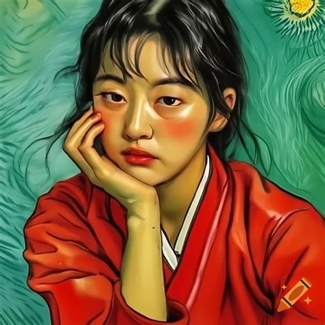 Stunning portrait of korean woman in red, animated style with watercolor and rembrandt ...