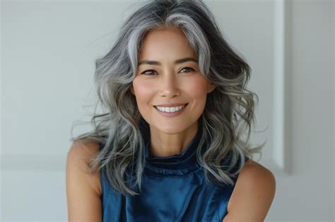 Graphic Depicting Portrait of smiling Asian woman with gray hair in blue top on white background ...