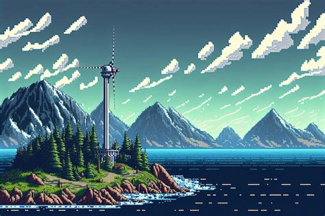 Premium AI Image | Pixel art wind farm generator on mountain near sea landscape in retro style ...