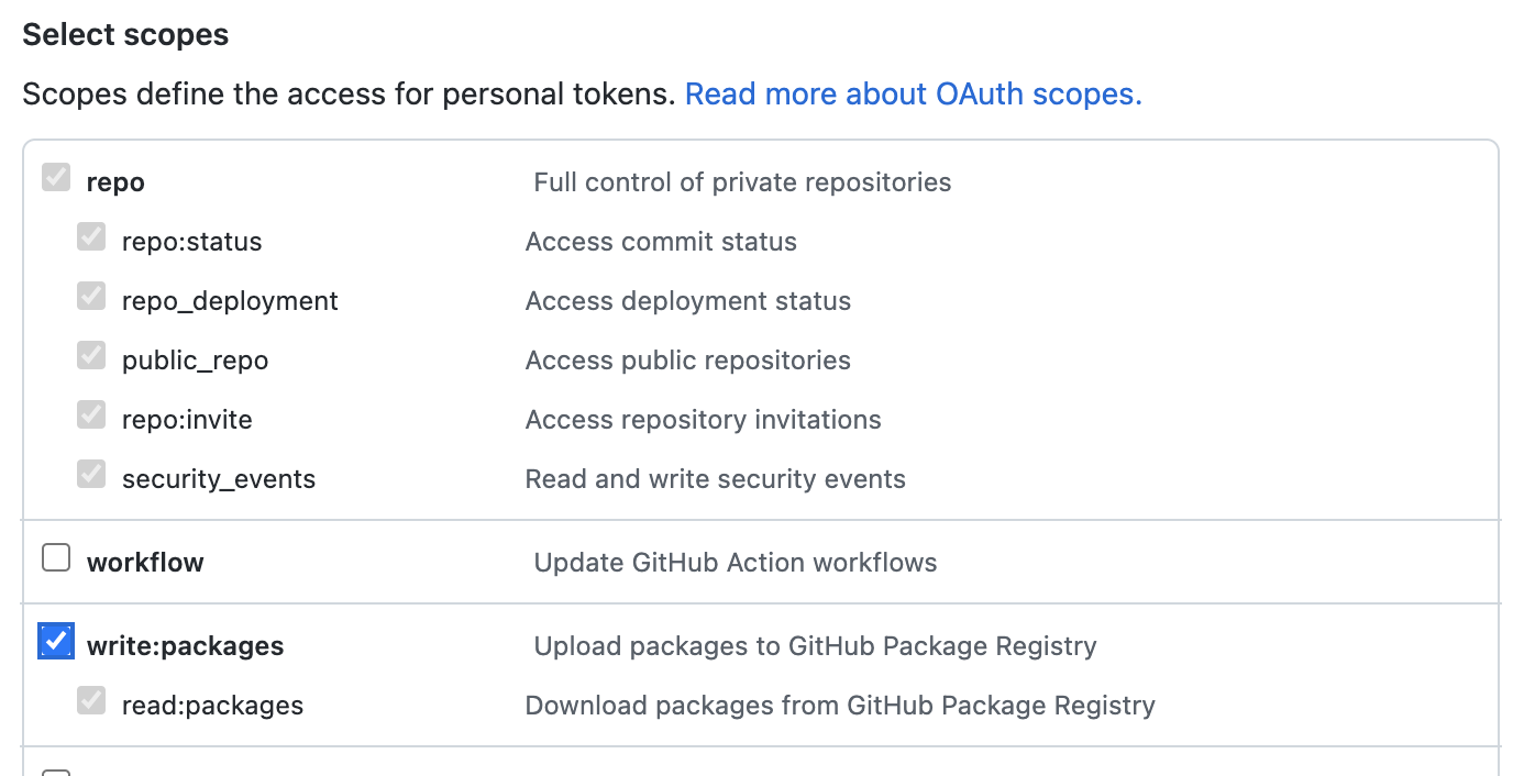 screenshot personal access token creation page with boxes for repo (all), write:packages, and read:packages checked