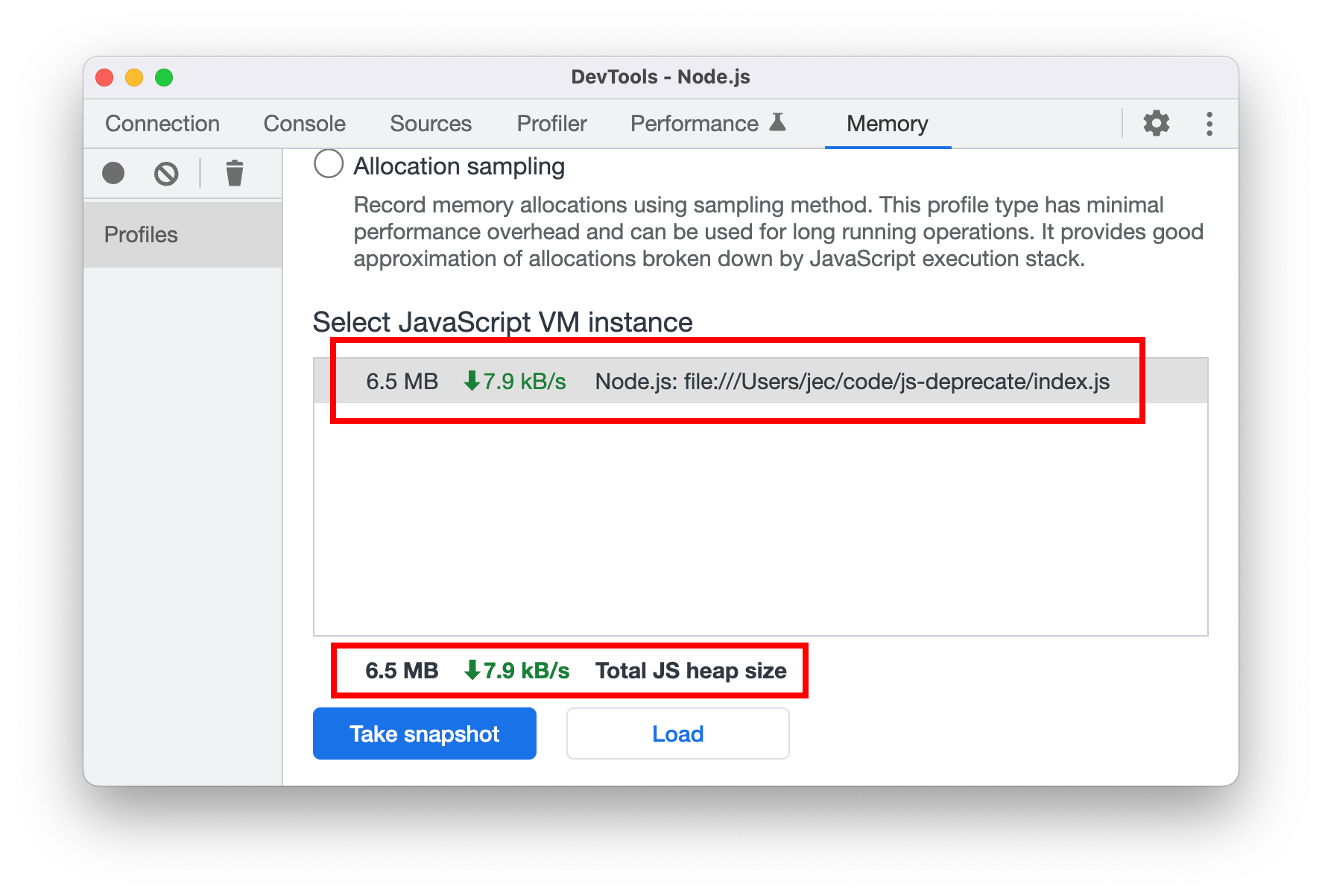 JS heap size view in the Memory panel