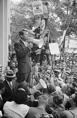 Robert Kennedy speaking to people about equality